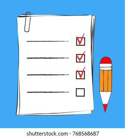 To do list icon in doodle sketch lines. Office report information. Sketch hand with clipboard checklist and pen isolated on white background vector illustration. Survey/Ã±hecklist and pencil tick