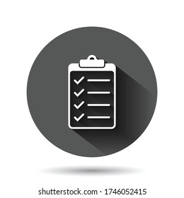 To do list icon in flat style. Document checklist vector illustration on black round background with long shadow effect. Notepad check mark circle button business concept.