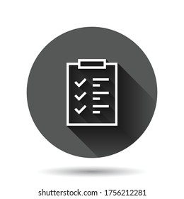 To do list icon in flat style. Document checklist vector illustration on black round background with long shadow effect. Notepad check mark circle button business concept.