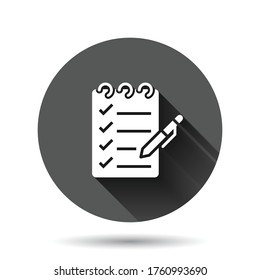 To do list icon in flat style. Document checklist vector illustration on black round background with long shadow effect. Notepad check mark circle button business concept.