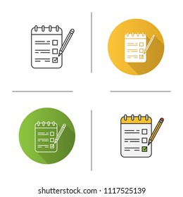 To do list icon. Notepad with pencil. Taking notes. Checklist. Flat design, linear and color styles. Isolated vector illustrations