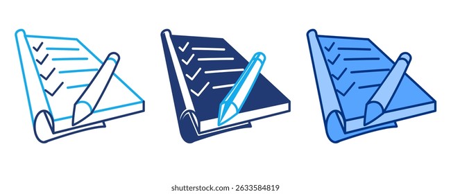 Ícone Lista de tarefas pendentes representado por papel, lista de verificação, caneta azul, linha dupla, estilo de tons duplos.