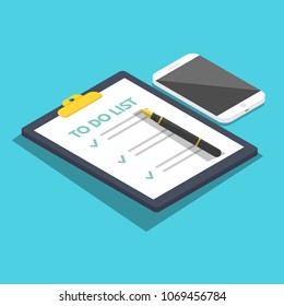 To Do list isometric, Planning concept. Tasks are completed. Vector flat illustration.
