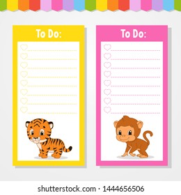 To do list for kids. Empty template. Isolated color vector illustration. Funny character. Cartoon style. For the diary, notebook, bookmark.