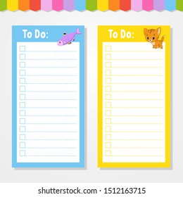 To do list for kids. Empty template. Isolated color vector illustration. Funny character. Cartoon style. For the diary, notebook, bookmark.