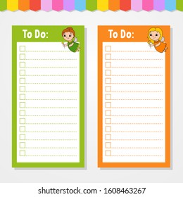 To do list for kids. Empty template. The rectangular shape. Isolated color vector illustration. Funny character. Cartoon style. For the diary, notebook, bookmark.