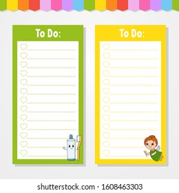 To do list for kids. Empty template. The rectangular shape. Isolated color vector illustration. Funny character. Cartoon style. For the diary, notebook, bookmark.