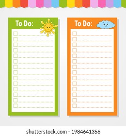 To do list for kids. Empty template. Sun and cloud. The rectangular shape. Isolated color vector illustration. Funny character. Cartoon style. For the diary, notebook, bookmark.