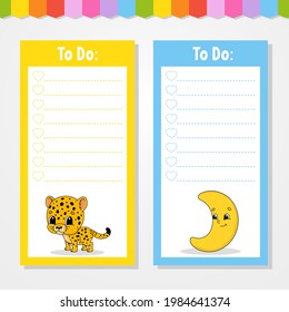 To do list for kids. Empty template. Jaguar and crescent. The rectangular shape. Isolated color vector illustration. Funny character. Cartoon style. For the diary, notebook, bookmark.