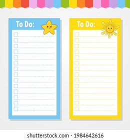 To do list for kids. Empty template. Star and sun. The rectangular shape. Isolated color vector illustration. Funny character. Cartoon style. For the diary, notebook, bookmark.