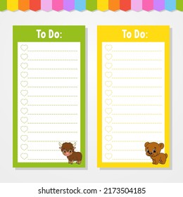 To do list for kids. Empty template. The rectangular shape. Isolated color vector illustration. Funny character. cartoon style. For the diary, notebook, bookmark.