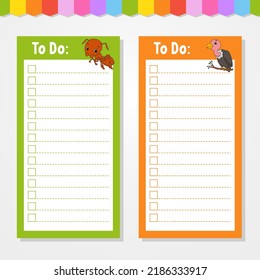 To do list for kids. Empty template. The rectangular shape. Isolated color vector illustration. Funny character. cartoon style. For the diary, notebook, bookmark.