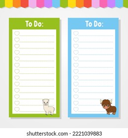 To do list for kids. Empty template. The rectangular shape. Isolated color vector illustration. Funny character. cartoon style. For the diary, notebook, bookmark.