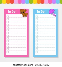 To do list for kids. Empty template. The rectangular shape. Isolated color vector illustration. Funny character. cartoon style. For the diary, notebook, bookmark.