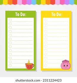 To do list for kids. Empty template. The rectangular shape. Isolated color vector illustration. Funny character. cartoon style. For the diary, notebook, bookmark.