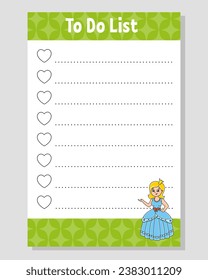 To do list for kids. Empty template. The rectangular shape. Funny character. cartoon style. For the diary, notebook, bookmark. Vector illustration.