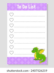 To do list for kids. Empty template. The rectangular shape. Funny character. cartoon style. For the diary, notebook, bookmark. Vector illustration.