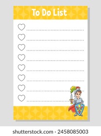 To do list for kids. Empty template. The rectangular shape. Funny character. cartoon style. For the diary, notebook, bookmark. Vector illustration.