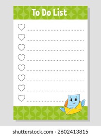 To do list for kids. Empty template. The rectangular shape. Funny character. cartoon . For the diary, notebook, bookmark. Vector illustration.