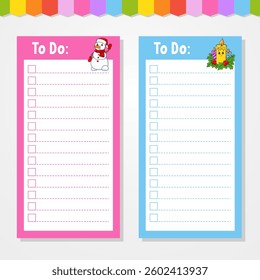 To do list for kids. Empty template. The rectangular shape. Funny character. cartoon . For the diary, notebook, bookmark. Vector illustration.