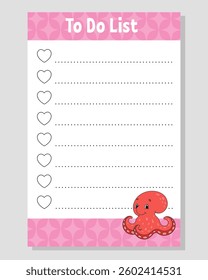 To do list for kids. Empty template. The rectangular shape. Funny character. cartoon . For the diary, notebook, bookmark. Vector illustration.