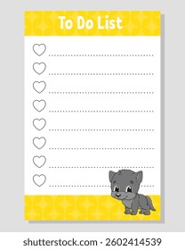 To do list for kids. Empty template. The rectangular shape. Funny character. cartoon . For the diary, notebook, bookmark. Vector illustration.