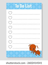 To do list for kids. Empty template. The rectangular shape. Funny character. cartoon . For the diary, notebook, bookmark. Vector illustration.