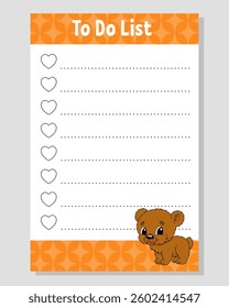 To do list for kids. Empty template. The rectangular shape. Funny character. cartoon . For the diary, notebook, bookmark. Vector illustration.