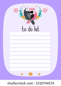 To do list kids vector page for printing, cute parrot sitting on a tree. Colourful pages for diary, kids book, notebook, organiser.
