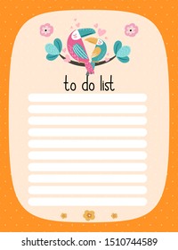 To do list kids vector page for printing, cute parrot sitting on a tree. Colourful pages for diary, kids book, notebook, organiser.