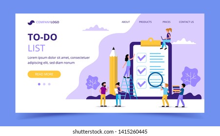 To Do List Landing Page. Big Page With Check Marks And Pencil. Concept Illustration For Time And Project 
Management. Vector Illustration Template In Flat Style