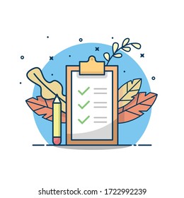 To do list landing page. Big page with check marks and pencil. Concept illustration for time and project management. Vector illustration template in modern line art. Suitable for landing page, ui/ux.