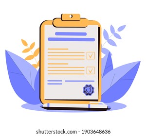 To do list landing page. Big page with check marks and pencil. Concept illustration for time and project management. Vector illustration template in modern line art. Suitable for landing page.