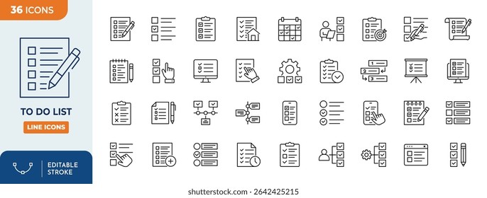 To do list line editable icon set. Contain icons related to checklist, plan, task, to do list, and more. Editable stroke. Vector illustration