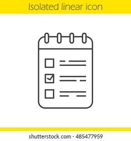 To do list linear icon. Spiral notebook with tick mark. Thin line illustration. Notepad contour symbol. Vector isolated outline drawing