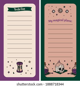 To Do List. Magic Notebook for Cases with Witch Elements. To record Plan, List, Milestone. Childrens Planner. Hourglass, Human Skull, Bottle of Poison or Potion, Moon and Sun, Star. Etched Retro Style