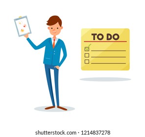 To do list and man showing clipboard page with pie diagram and charts vector. Analyst holding presentation sheet with data, leader with strategy plan