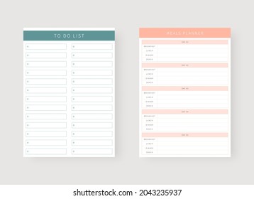 To do list and meal planner template. Modern planner template set. Set of planner and to do list. Vector illustration.