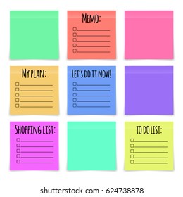 To do list. My plan. Let's do it now! Memo. Shopping list. Set of colorful sticky notes isolated on white background. Vector illustration