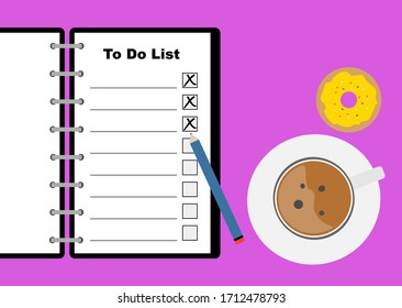 To Do List in a notebook with coffee and donuts on a table