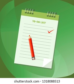 To do list or notebook icon concept. Notebook with pencil, check marks and space for text. Vector list with check boxes icon, shopping, wish, to do list.