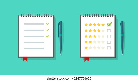 To do list in notebook notepad icon vector flat with checklist agenda or feedback survey results and quality rate rank concept top view cartoon illustration isolated, paper note pad above