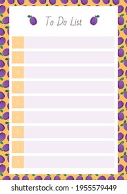 To Do List. Notebook page on a background of a cute plum pattern. Vector 10 ESP.