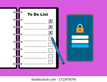 To Do List in a notebook with smartphone on a table.