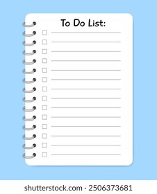 To do list. Notebook with spiral. Small book, diary, notepad. Copybook with lined notepaper. Blue background