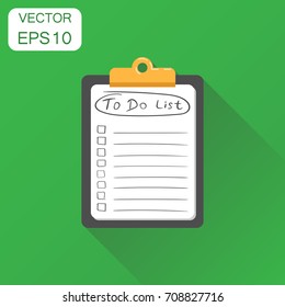 To do list notepad icon. Business concept task notebook pictogram. Vector illustration on green background with long shadow.