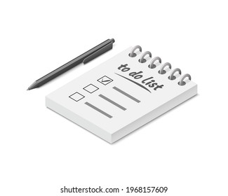 To Do List. Notepad And Pen. Colored Isometric Vector Illustration. Isolated On White Background.