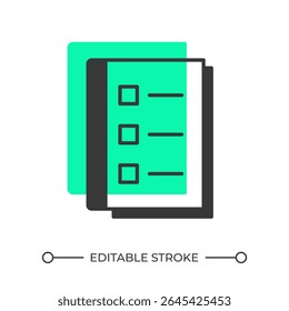 To do list offset shadow line icon. Checklist with daily tasks. Controlling routine workflow. Activity planning. Bold outline symbol with solid green fill. Modern flat illustration. Editable stroke