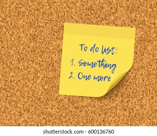 To do list on cork board background. Realistic vector post it paper with curl corner
