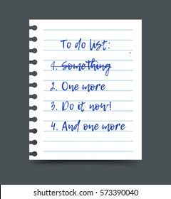 Para hacer una lista en una hoja de papel de la hoja de papel, planificar y organizar un programa. Ilustración vectorial realista.